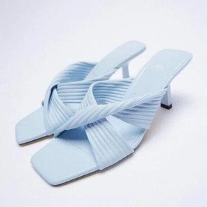 ZARA Cross Strap Leather Sandals in Baby Blue - Size 38 / 7.5 - NEW